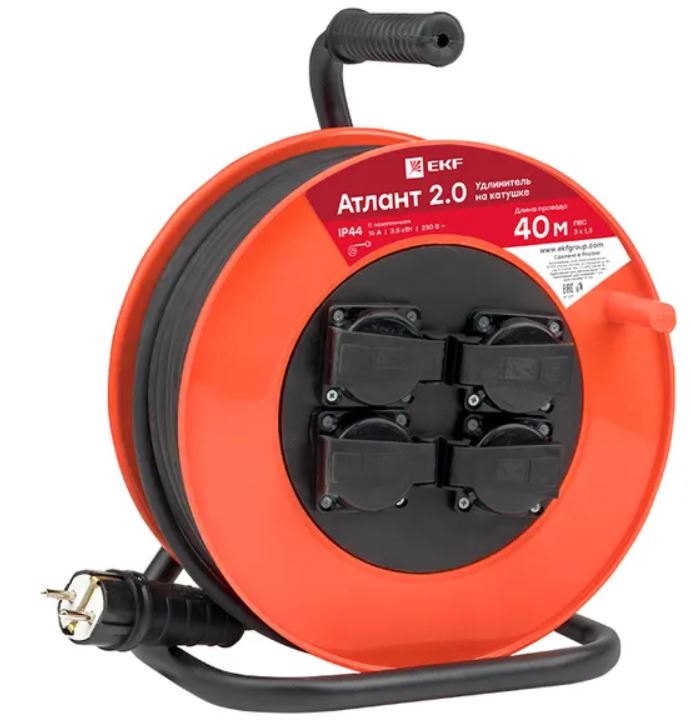 

Удлинитель на катушке EKF UKA02-16-315-4-40-IP44 "Атлант 2.0" 4 гнезда 40м с заземлением ПВС 3*1,5 16А/3,5кВт IP44 PROxima, UKA02-16-315-4-40-IP44