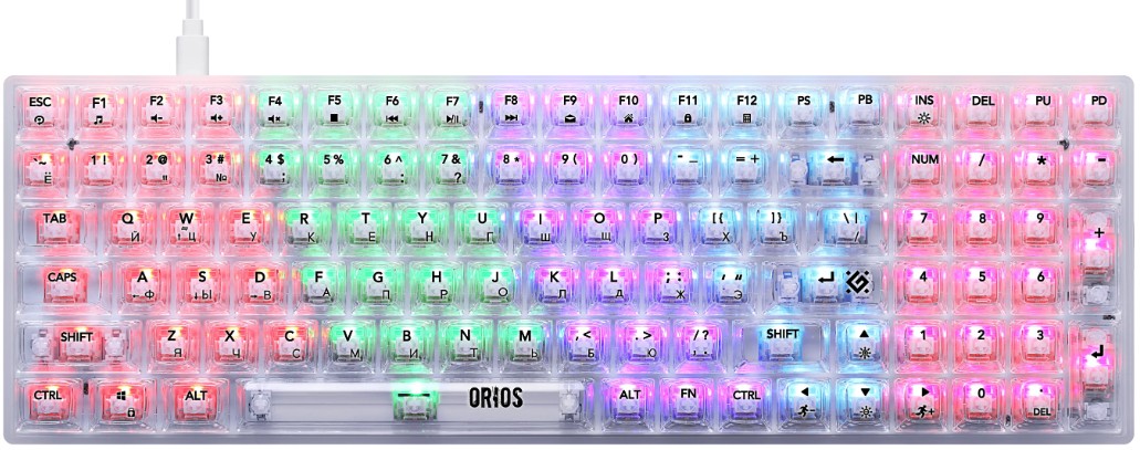 

Клавиатура Defender Orios GK-149 RU 45149 механическая, прозрач, 100кн+FN, радуж, 1.5м, Orios GK-149 RU