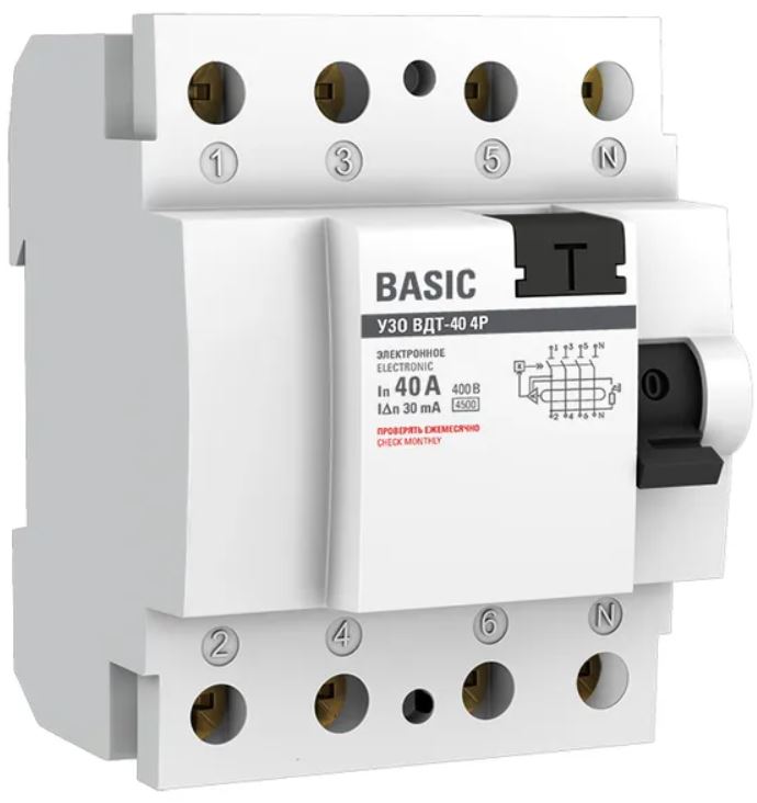 

УЗО EKF elcb-4-40-30e-sim ВДТ-40 4P 40А 30мА тип АС электронный 4,5кА BASIC, elcb-4-40-30e-sim