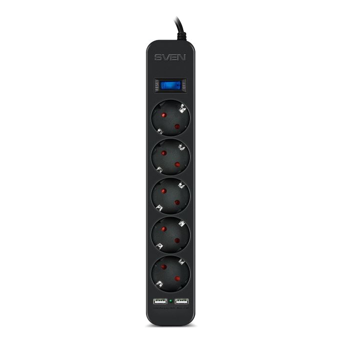 

Сетевой фильтр Sven SF-05LU 5.0 м SV-018856 (5 евро розеток,2*USB(2,4А)) черный, цветная коробка Surge protector, SF-05LU 5.0 м