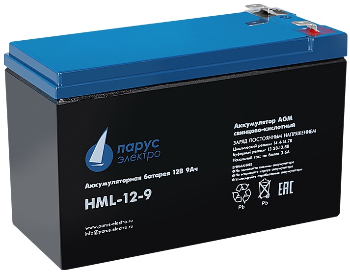 

Батарея Парус электро HML-12-9 12V, 9Ah (discharge 20 hours), max. discharge current (5sec) 135A, max. charge current 3.6A, lead-acid type AGM, F2, HML-12-9