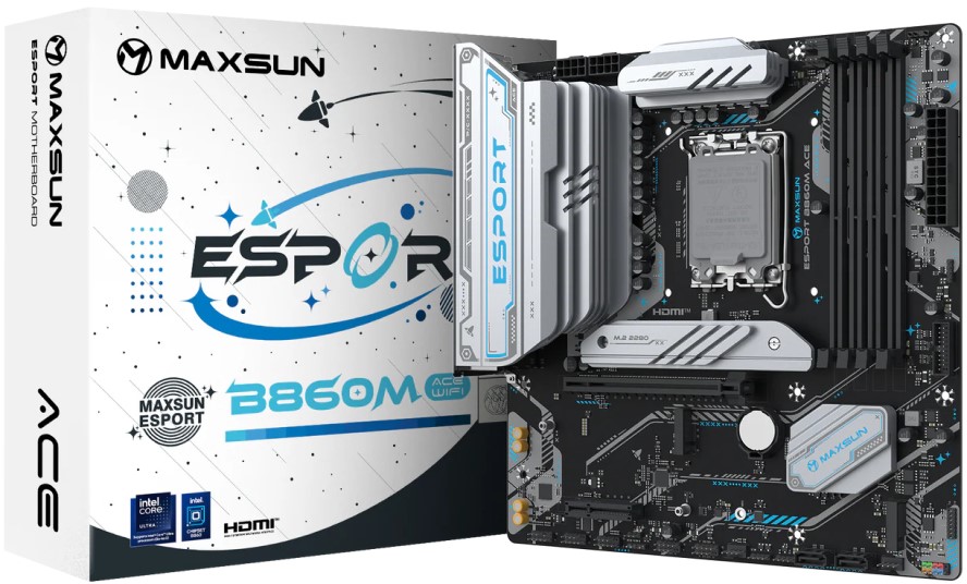 

Материнская плата mATX MAXSUN MS-eSport B860M WIFI 6940709661772 (LGA1851, B860, 4*DDR5, PCIe, 3*M.2, 7*USB 3.2, 7*USB 2.0, 2*SATA, USB Type-C, DP, HD, MS-eSport B860M WIFI