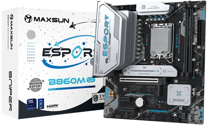 

Материнская плата mATX MAXSUN MS-eSport B860M SNIPER WIFI 6940709661246 (LGA1851, B860, 2*DDR5, PCIe, 2*M.2, 4*USB 3.2, 2*USB 3.2, 6*USB 2.0, 3*SATA,, MS-eSport B860M SNIPER WIFI