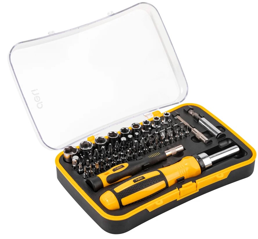 

Набор отверток Deli DL3565 прецизионных и бит с держателями 65 предметов трещотка 72 зуба, пластиковый кейс, DL3565