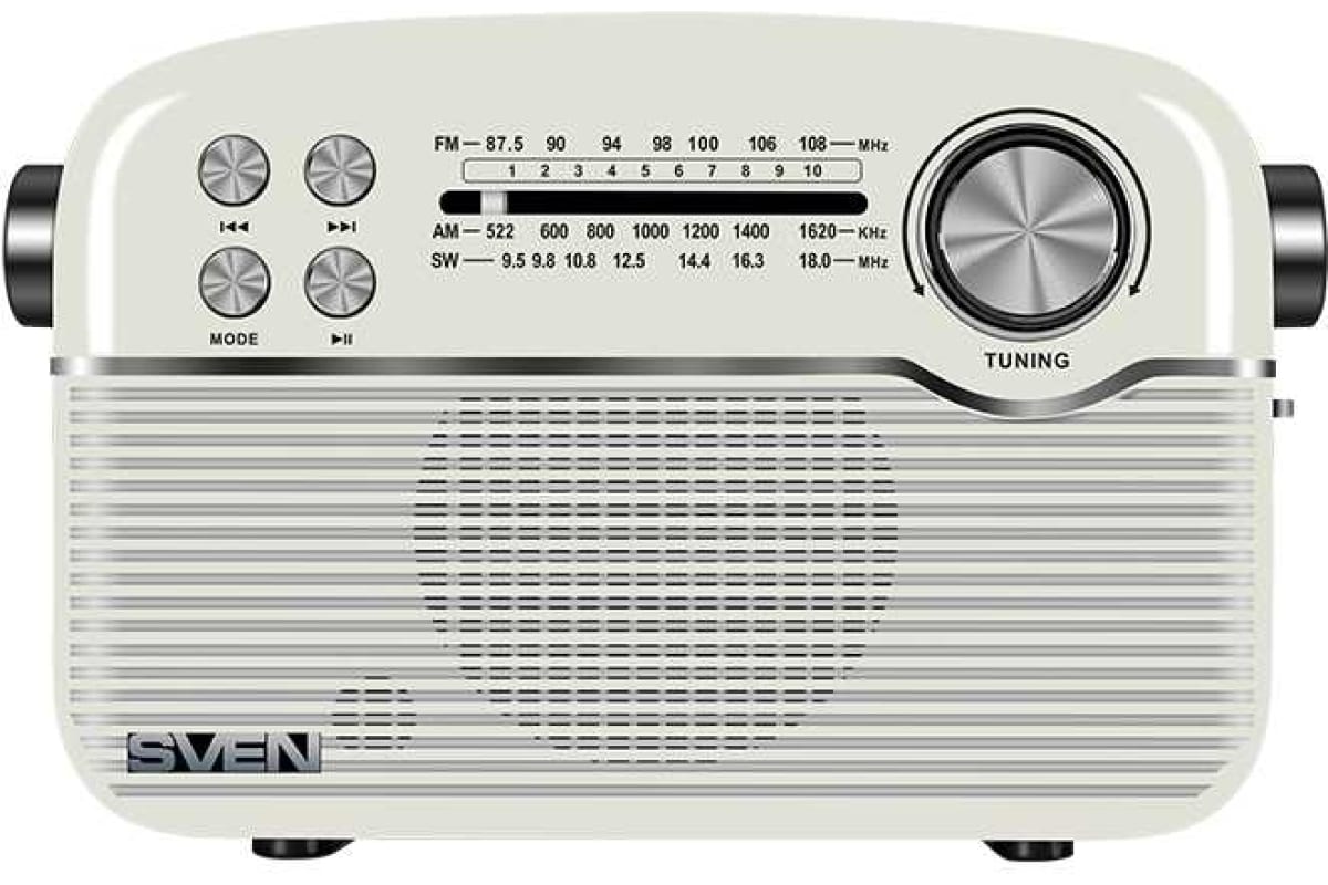 

Радиоприемник Sven SRP-500 SV-020422 белая (3 Вт, BT, FM/AM/SW, USB, microSD, AUX, встроенный аккумулятор), SRP-500