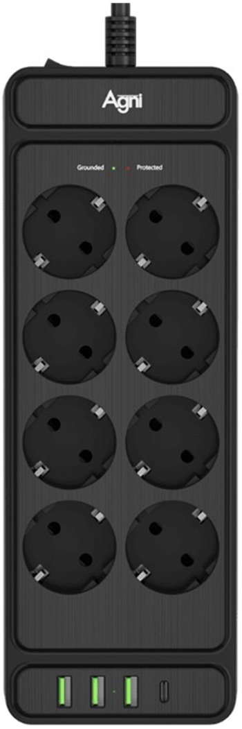 Сетевой фильтр AGNI TP-FS4U8E-PD-3m-black 8 розеток, 16А, 4000Вт, 220-250В, 3 м, 3x1,5mm2, 3*USB, Type-C, черный