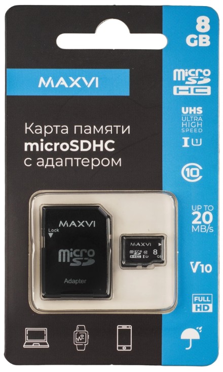 Карта памяти MicroSDHC 8GB MAXVI MSD8GBC10V10 class 10, UHS-I (1), V10