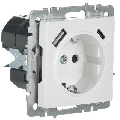 

Розетка IEK BR-R14-16-U22-018-K01 BRITE РЮш11-1-БрБ 16А с USB A+C 18Вт с заземл. защ. шторки белая, BR-R14-16-U22-018-K01