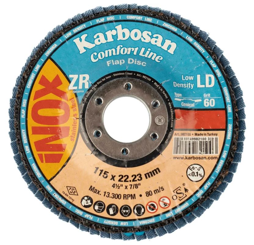 

Круг лепестковый ООО САМ KAR-982100 Karbosan КЛТ 115х22/Р60 Comfort Line ZR LD Flap Конический INOX, KAR-982100
