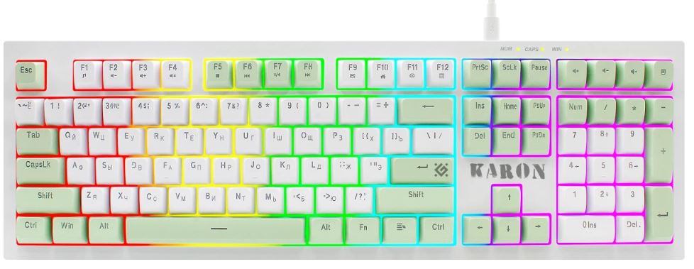 

Клавиатура Defender Karon GK-129 45129 проводная игровая RU, бел/зел, 108кн+FN, радуж, 1.5м, Karon GK-129