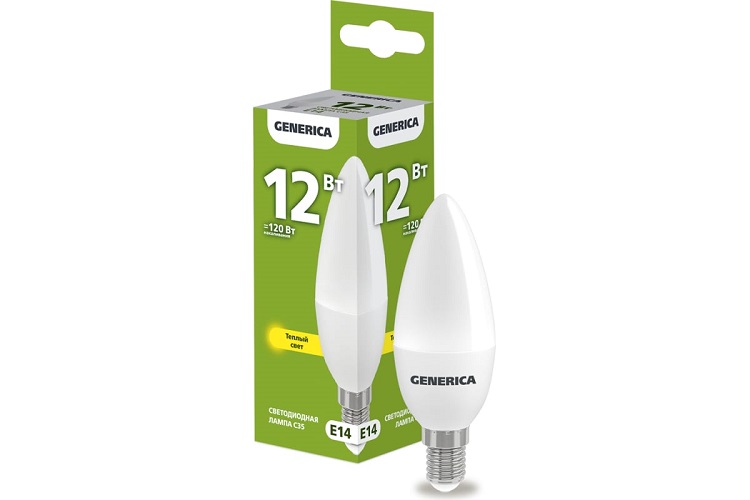 

Лампа светодиодная GENERICA LL-C35-12-230-30-E14-G C35 12Вт свеча 3000К E14 230В, LL-C35-12-230-30-E14-G