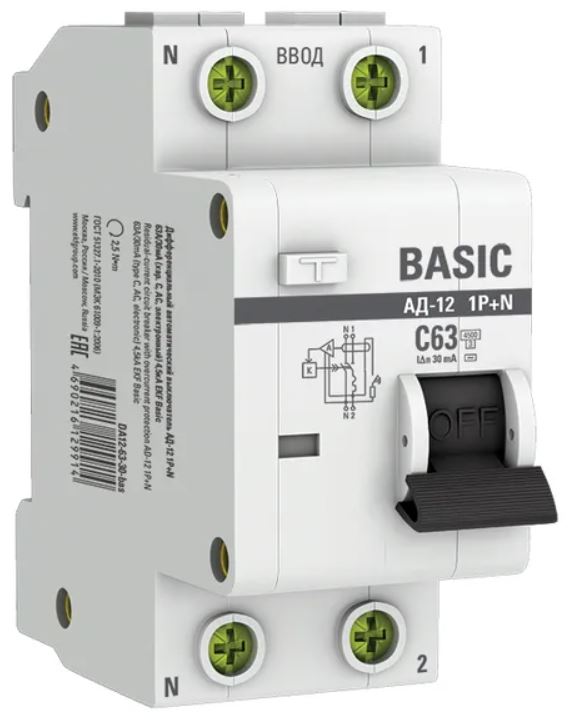 

Автомат дифференциальный EKF DA12-63-30-bas АД-12 1P+N 63А характеристика C 30мА тип АС электронный 4,5кА BASIC, DA12-63-30-bas