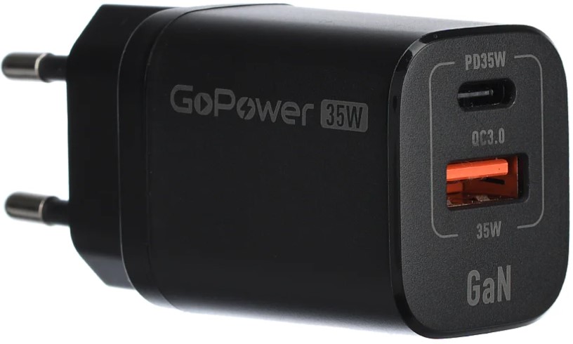 

Зарядное устройство сетевое GoPower GPQC09 00-00028403 1USB+1Type-C 35W QC3.0 GAN черный (1000773527), GPQC09