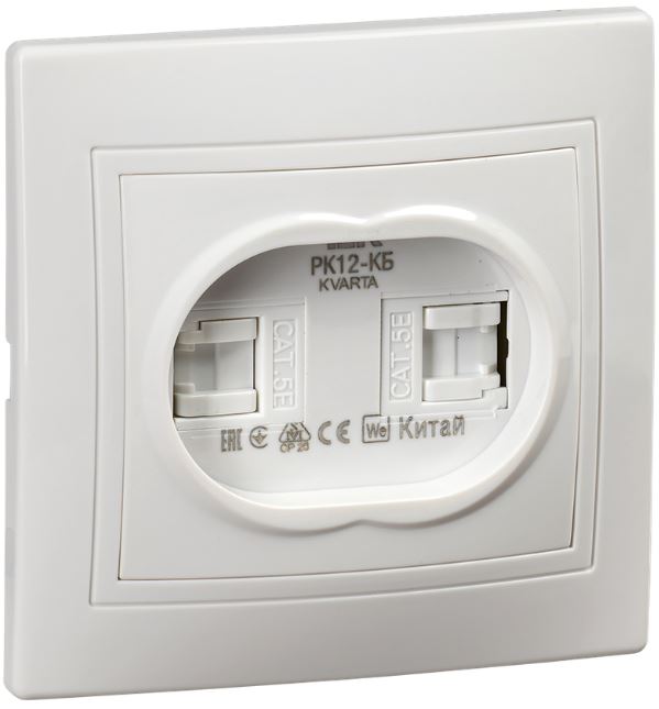

Розетка компьютерная двойная IEK KV-K20-K01 KVARTA RJ45 кат.5е РК12-КБ белый, KV-K20-K01