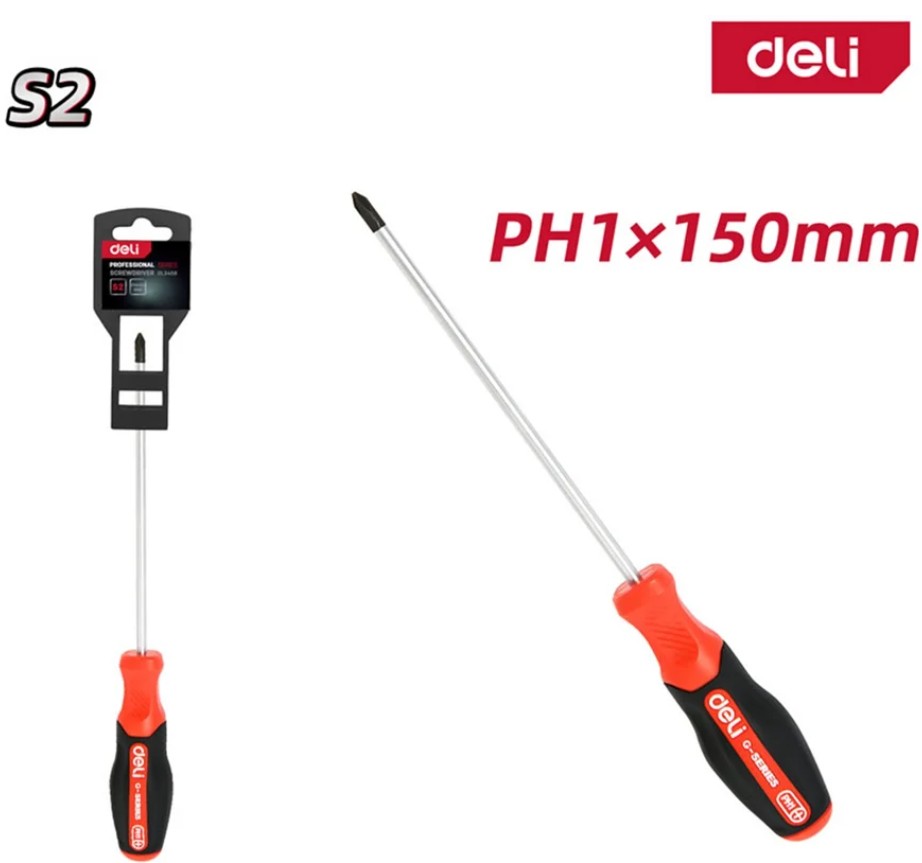 

Отвертка крестовая Deli DL3458 PH1x150мм сталь S2, матовый стержень, двухкомпонентная прорезиненная рукоять, DL3458