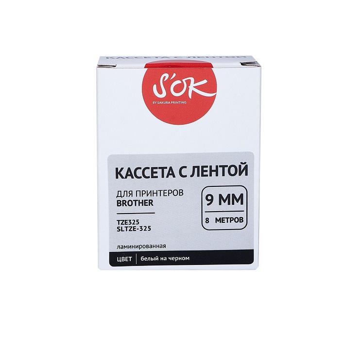 

Кассета Sakura SLTZE325 с лентой S'OK by Sakura Printing TZE325 для Brother, белый на черном, 9мм/8м, наклейка, SLTZE325
