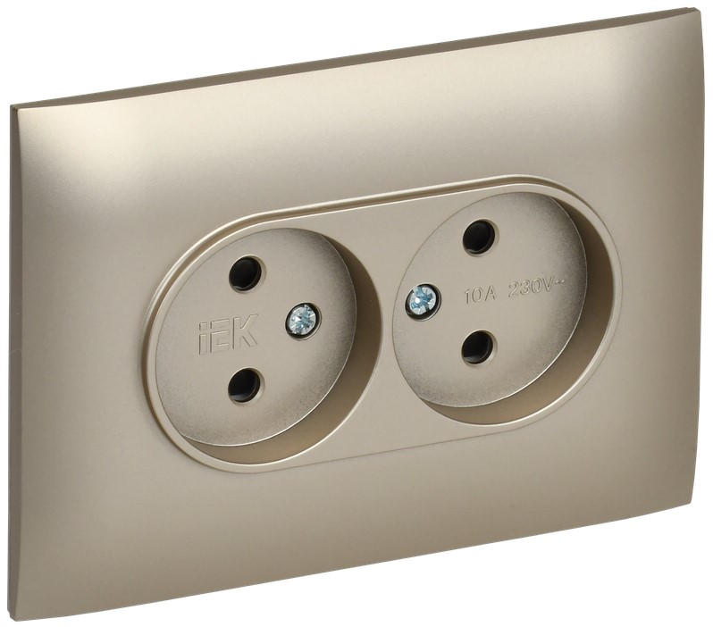 

Розетка двухместная без заземления в сборе IEK SK-R23-10-K37-F SKANDY с защитными шторками 10А SK-R09Sh шампань, SK-R23-10-K37-F