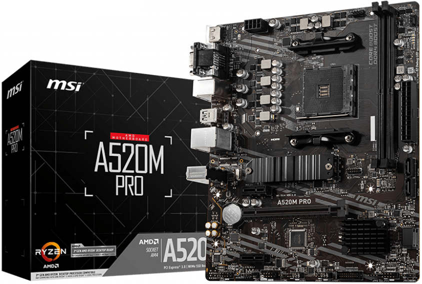 

Материнская плата mATX MSI A520M PRO (AM4, AMD A520, 2*DDR4(4600), 4*SATA 6G RAID, M.2, 3*PCIE, 7.1CH, Glan, VGA, HDMI, DP, 6*USB 3.2), A520M PRO
