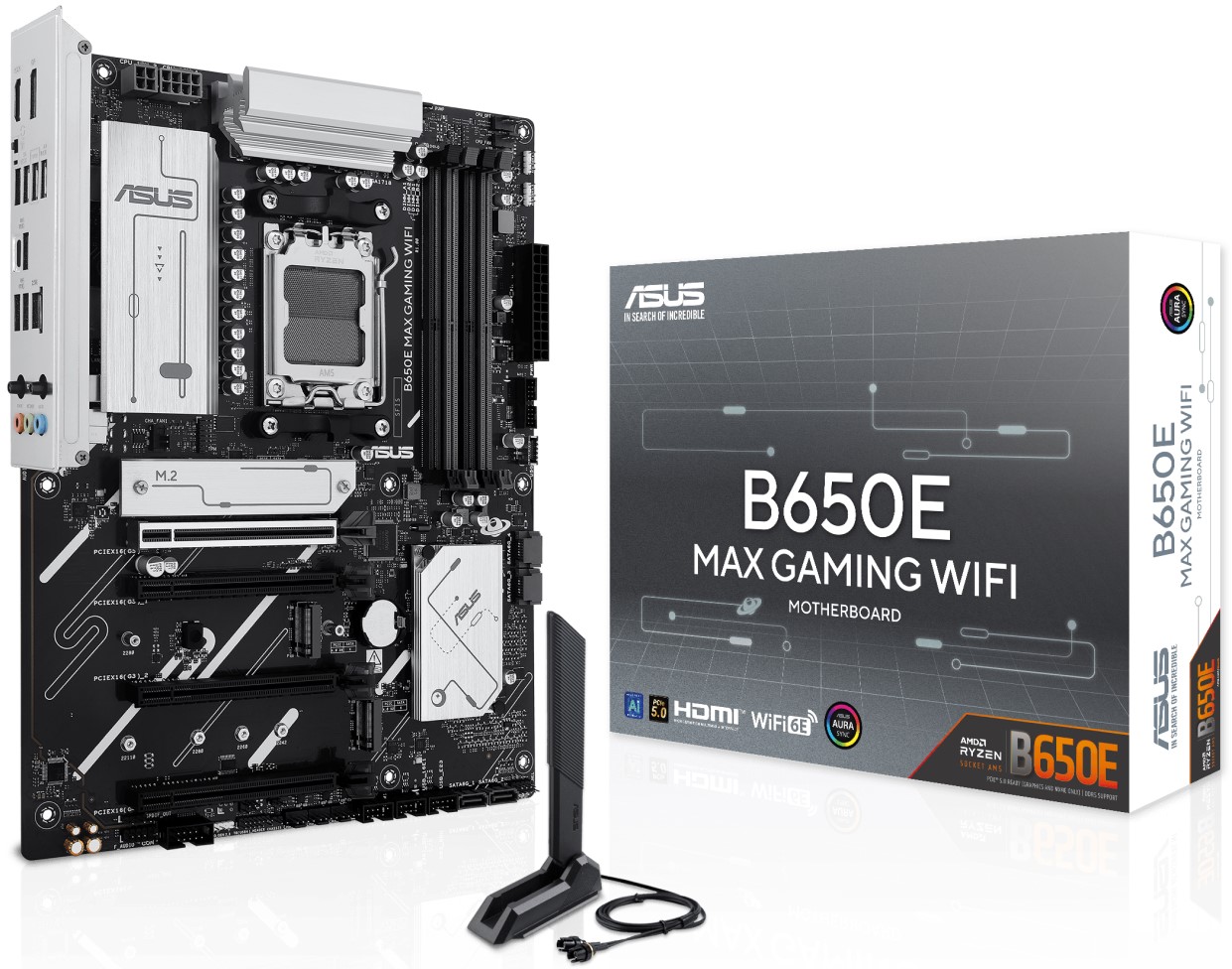 

Материнская плата ATX ASUS B650E MAX GAMING WIFI (AM5, AMD B650, 4*DDR5, 4*SATA, 3*M.2, WiFi, BT, 5*USB 3.2, 2*USB 2.0, USB Type-C, 5*PCIe, DP, HDMI), B650E MAX GAMING WIFI
