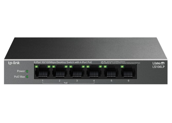 

Коммутатор неуправляемый TP-LINK LS106LP 6х10/100 Мбит/с (4 порта PoE), 802.3af, бюджет PoE-41 Вт, до 250 м., настольный, LS106LP