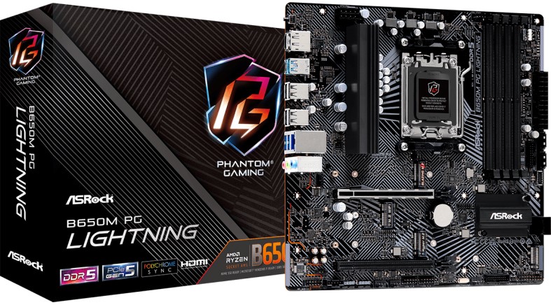 

Материнская плата mATX ASRock B650M PG LIGHTNING (AMD AM5, B650, 4*DDR5 (5200), 4*SATA RAID, 3*M.2, 2*PCIe, HDMI, DP, 4*USB 2.0, 3*USB 3.2, USB Type-C, B650M PG LIGHTNING