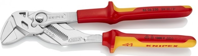 

Клещи Knipex KN-8606250 переставные-гаечный ключ VDE 1000В 52мм (2дюйм) L-250мм диэлектрические Cr-V хром. 2-компонентные рукоятки, KN-8606250