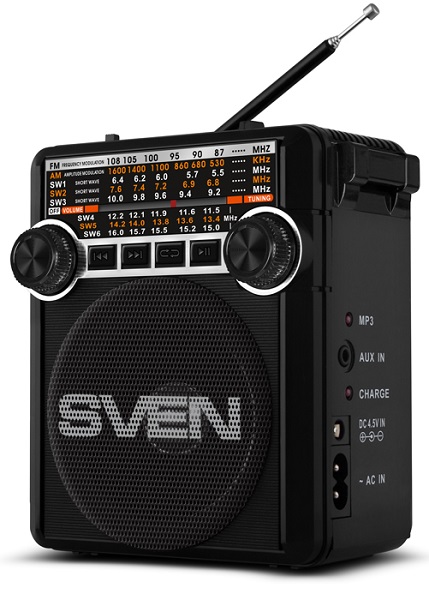 

Радиоприемник Sven SRP-355 SV-017125 черная, 3Вт, USB, SD/microSD, FM/AM/SW, фонарь, встроенный аккумулятор, SRP-355