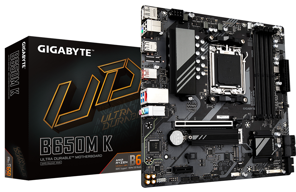 

Материнская плата mATX GIGABYTE B650M K (AM5, AMD B650, 4*DDR5 (6400), 4*SATA 6G RAID, 2*M.2, 2*PCIE, 2.5Glan, HDMI, DP, USB Type-C,3*USB 3.2, 4*USB 2, B650M K