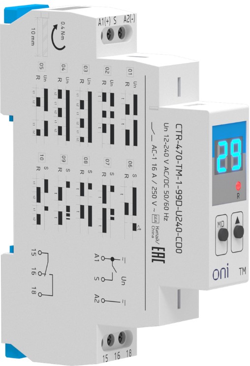 

Реле времени ONI CTR-470-TM-1-99D-U240-CD0 многофункциональное TM с дисплеем 1 контакт 12-240В AC/DC, CTR-470-TM-1-99D-U240-CD0