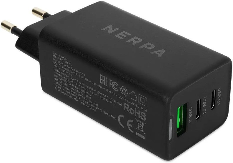

Зарядное устройство сетевое Nerpa PD333CBX 220В 65W GaN PD+QC3.0, 2xUSB-C, 1xUSB-A, USB-C - USB-C 100W cable 1.5m black, EU plug, BOX, PD333CBX