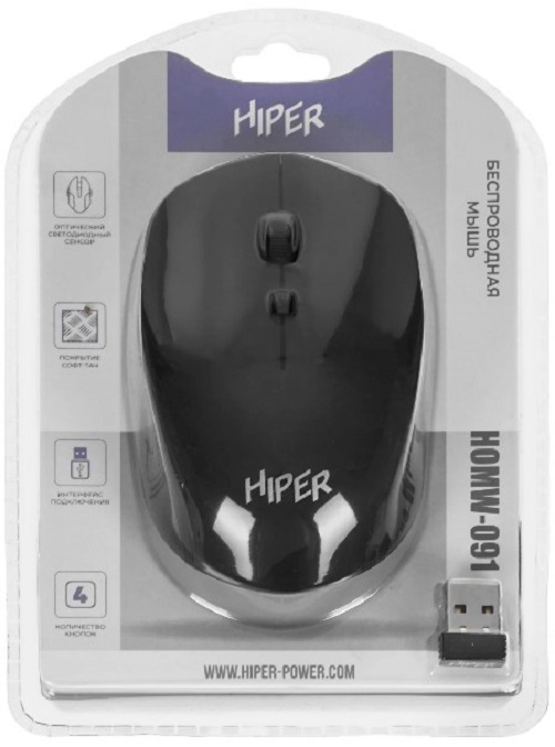 

Мышь Wireless HIPER HOMW-091 1000-1600 dpi, оптическая, 4 кнопки, USB-приемник, 2,4 ГГц, черный, HOMW-091