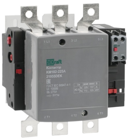 

Контактор DEKraft 21955DEK 225А 220В_АС АС3_ АС4 1НО+1НЗ КМ-102, 21955DEK