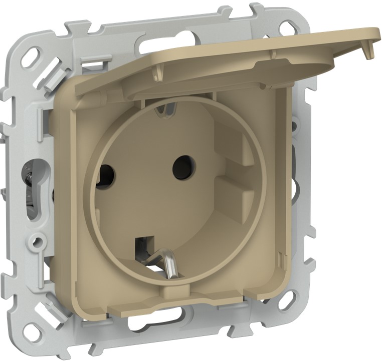 

Розетка с заземлением IEK FI-R16-16-1-44-K59 FLITE с защитными шторками и крышкой безвинтовое крепление 16А IP44 РСшкр11-1-44-ФлХ хаки, FI-R16-16-1-44-K59