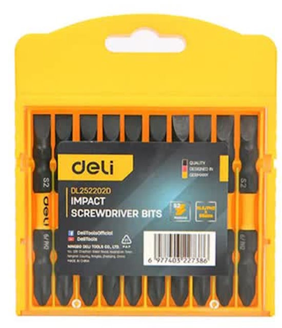 

Набор бит Deli DL252202D двухсторонних торсионных для ударных шуруповертов 10шт SL6/PH2*65мм, сталь S2, пласт.кейс, DL252202D