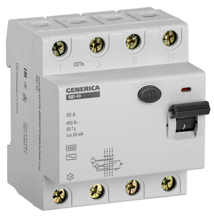 

УЗО GENERICA MDV15-4-063-030 ВД1-63 4Р 63А 30мА, MDV15-4-063-030