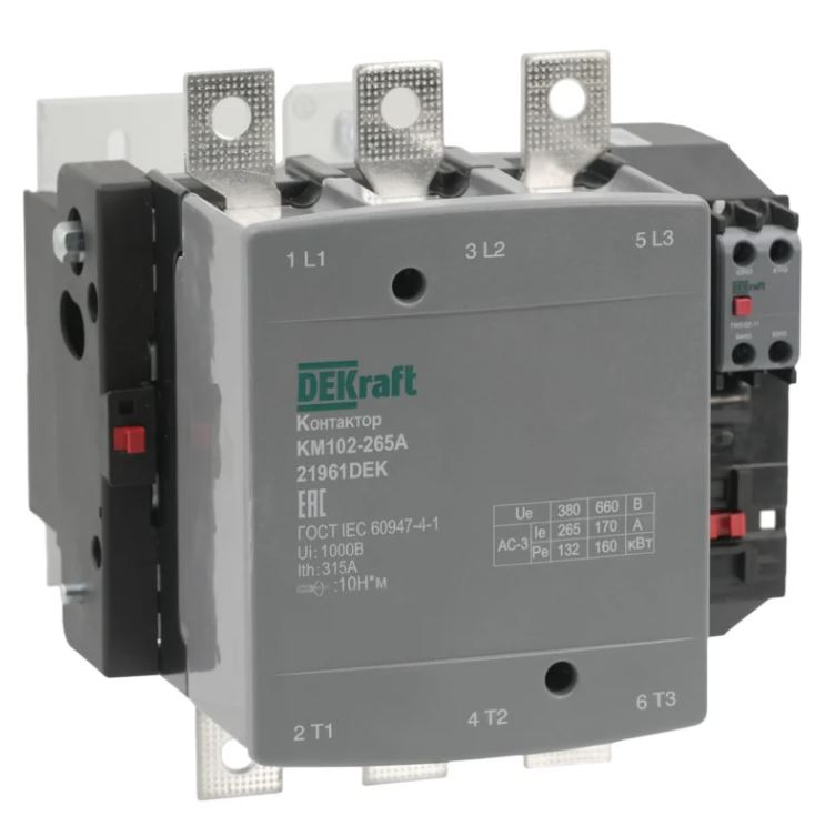 

Контактор DEKraft 21961DEK 265А 220В_АС АС3_ АС4 1НО+1НЗ КМ-102, 21961DEK