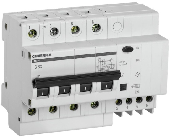 Изображение товара Автомат дифференциальный GENERICA MAD15-4-063-C-030 30 мА для безопасности