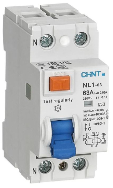 Изображение товара УЗО CHINT 200218 серии NL1 защита от утечки тока 400 В 25 мА 2 полюса
