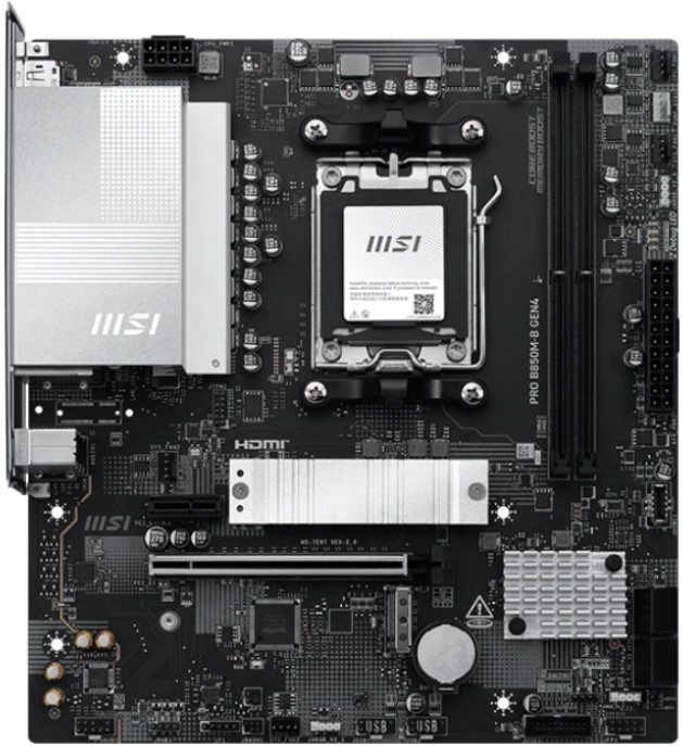 

Материнская плата mATX MSI PRO B850M-B GEN4 (AM5, AMD B850, 2*DDR5 (8200), PCIe, 2*M.2, 4*SATA, 4*USB 3.2, 2*USB 2.0, HDMI, DP), PRO B850M-B GEN4