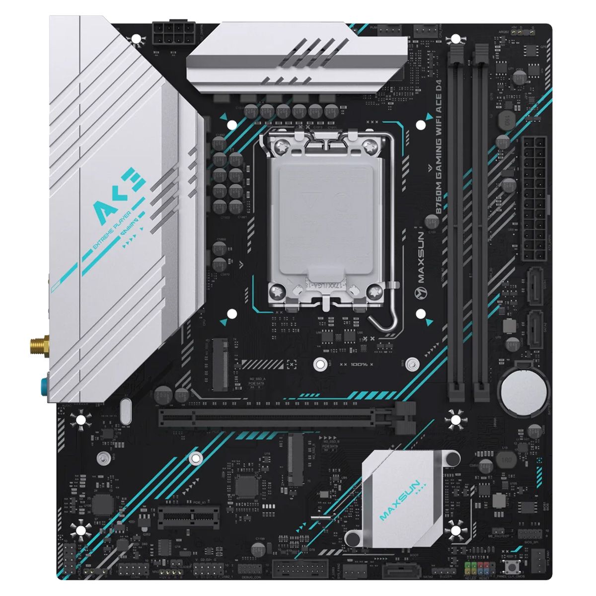 

Материнская плата mATX MAXSUN MS-B760M GAMING WIFI ACE D4 (LGA1700, B760, 2*DDR4 (3200), 3*SATA, 2*M.2, 2*PCIe, WiFi, BT, HDMI, DP, 6*USB 3.2, 4*USB 2, MS-B760M GAMING WIFI ACE D4