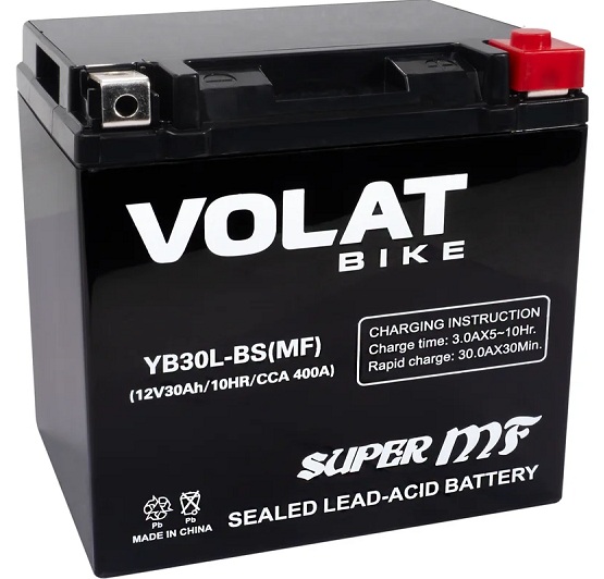

Батарея VOLAT YB30L-BS(MF)Volat (30 Ач, 12 V) Обратная, R+ 166x127x175 (для мототехники), YB30L-BS(MF)Volat