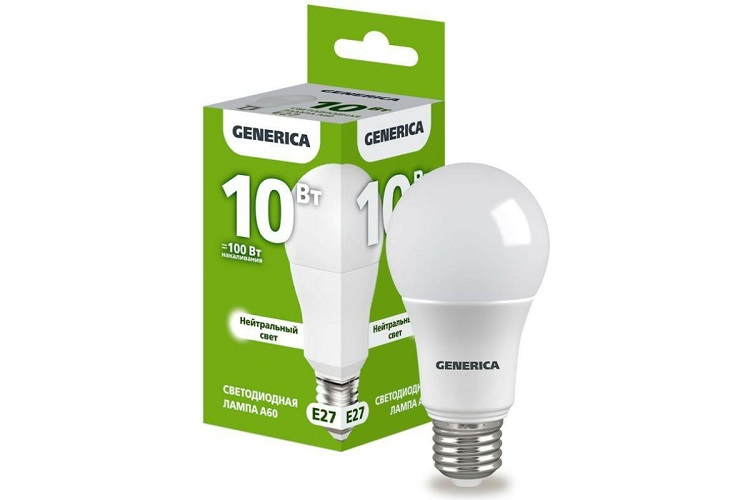 

Лампа светодиодная GENERICA LL-A60-10-230-40-E27-G A60 10Вт грушевидная 4000К E27 230В, LL-A60-10-230-40-E27-G