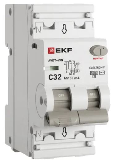 

Автомат дифференциальный EKF D63N26E32C30 АВДТ-63N 1P+N 32А (C) 30мА (AC) эл 6кА PROXIMA, D63N26E32C30