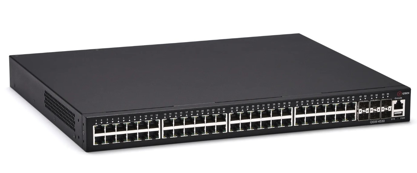 

Коммутатор управляемый QTECH QSW-4530-54TX уровня L3, 48 портов 10/100/1000BASE-T, 6 портов 10GbE SFP+, консольный порт, 2 слота для установки сменных, QSW-4530-54TX