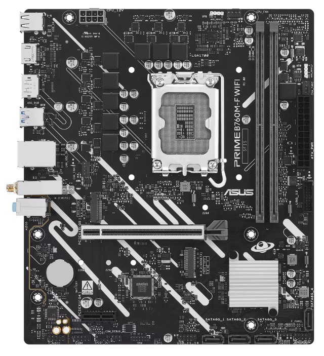 

Материнская плата mATX ASUS PRIME B760M-F WIFI (LGA1700, B760, 2*DDR5, PCIe, 2*M.2, 4*SATA, WiFi, BT, 2*USB 2.0, 4*USB 3.2, HDMI, DP), PRIME B760M-F WIFI