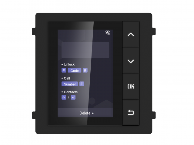 

Модуль HIKVISION DS-KD-DIS 3,5" TFT LCD экран, 4 физических кнопки с подсветкой, до 2000 контактов на устройстве, IP65, пластик, DS-KD-DIS