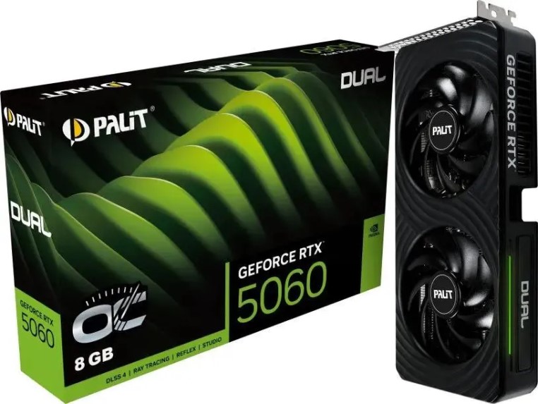 

Видеокарта PCI-E Palit GeForce RTX 5060 DUAL OC (NE75060S19P1-GB2063D) 8GB GDDR7 128bit 2280/28000MHZ HDMI 3*DP, GeForce RTX 5060 DUAL OC (NE75060S19P1-GB2063D)