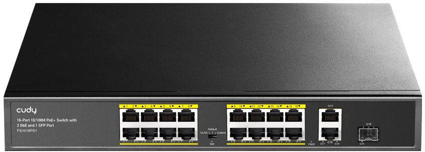 

Коммутатор неуправляемый Cudy FS1018PS1 16-Port 10/100M PSE RJ-45 +2 Gigabit RJ- 45 +1SFP Port with 16 POE Ports with Built-in power supply, support 1, FS1018PS1
