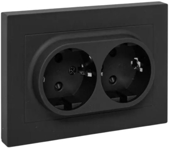 

Розетка двухместная с заземлением в сборе EKF UP1-SOB-211 16А, со шторками, с рамкой, чёрный Эпика, UP1-SOB-211