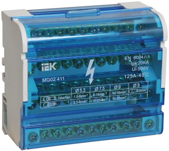 

Шина IEK YND10-4-11-125 на DIN-рейку в корпусе (кросс-модуль) 3L+PEN 4х11, YND10-4-11-125